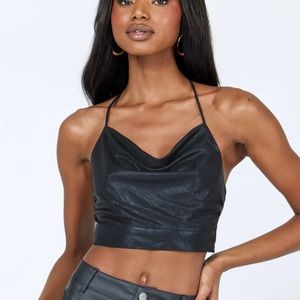 Princess Polly Becky Top Black. High Shine Black Fabric Halter Crop Top.